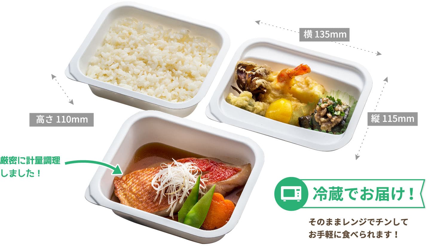 メディカルシリーズプレミアム ワンランク上の美味しさ 容器の実寸135mm x 115mm 高さ110っm厳密な軽量調理 冷蔵でお届け 「レンジでチン」お手軽に食べられます!